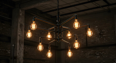 Fototapeta premium Elegant Industrial Chandelier With Glowing Edison Bulbs For Atmospheric Illumination