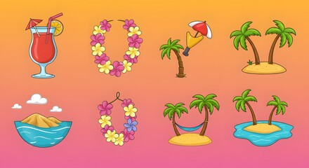 Vibrant Tropical Island Paradise Hand-Drawn Illustrations of Beaches, Cocktails, and Flowers