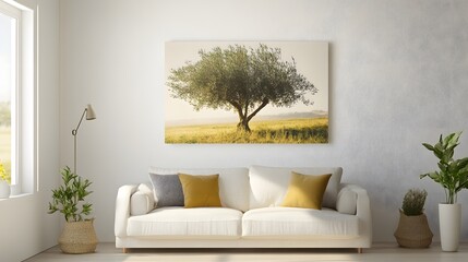 Fototapeta premium Contemporary home decor featuring olive tree against soft background