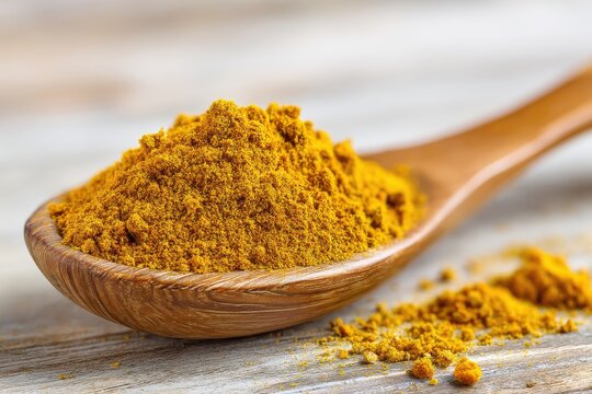 A close-up shot of a wooden spoon filled with bright yellow turmeric powder, showing its vibrant color and fine texture, creating an inviting culinary scene.