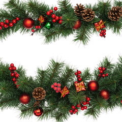 Christmas garland with pine cones berries and ornaments isolated on transparent background