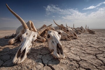 A stark landscape displays numerous bleached animal skulls resting on dry, cracked ground. Dark clouds hover above, hinting at impending rain, while the sun sets in the distance