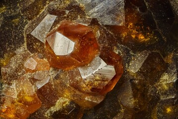 Garnet (andradite, hessanite) crystals. Sinyaya Rechka deposit, Far East, Russia. High magnification microphotograph- photo scale 10X.