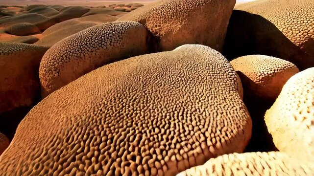 Expansive landscape with textured geological formations creating a unique, otherworldly and alien environment of rounded rock piles in desert area.