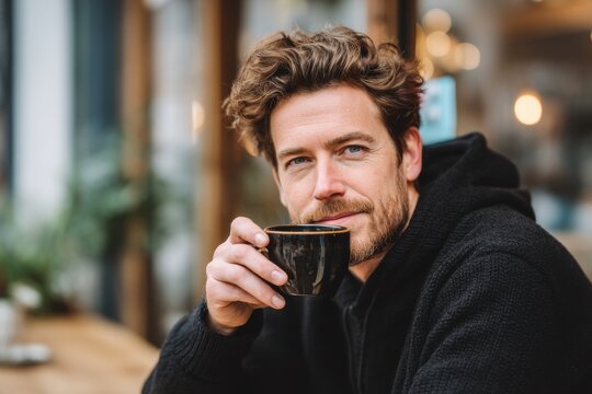 A handsome man with curly hair sips coffee in a cafe, his gaze direct and warm, dressed casually in a black hooded jacket, soft natural light illuminating his face.