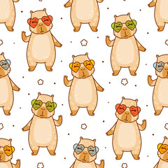 Seamless pattern with cute сartoon capybara with sun glasses on white  - funny animal background for Your happy summer design