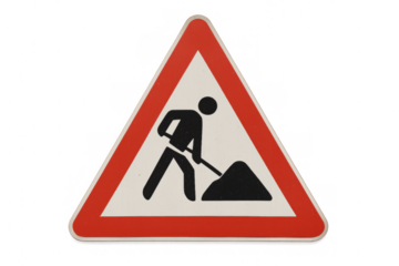 Construction warning sign with worker digging, yellow caution sign showing roadwork progress against transparent backdrop