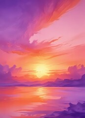 Fototapeta premium Fluid orange and purple watercolor wash, creating a dreamy sunset effect , atmospheric, fine art