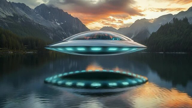 Futuristic flying saucer hovering above a serene lake at sunset, surrounded by majestic mountains