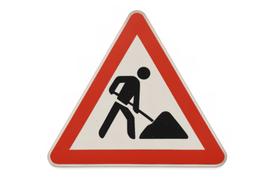 Construction warning sign with worker digging, yellow caution sign showing roadwork progress against transparent backdrop