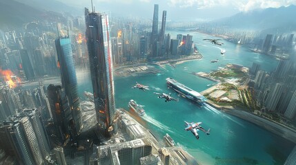 High-altitude futuristic city panorama with damaged structures.
