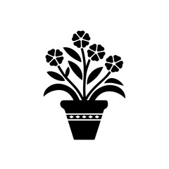 Black silhouette of a potted flowering plant with broad leaves and five-petal blossoms, centered on a white background. Decorative floral design ideal for prints, crafts, or botanical themes.