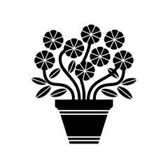 Black silhouette of a potted flowering plant with broad leaves and five-petal blossoms, centered on a white background. Decorative floral design ideal for prints, crafts, or botanical themes.