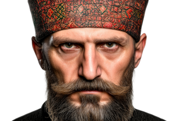 Mature man with beard and ornate cap, headshot, serious look, cut out transparent