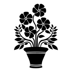 Black silhouette of a potted flowering plant with broad leaves and five-petal blossoms, centered on a white background. Decorative floral design ideal for prints, crafts, or botanical themes.