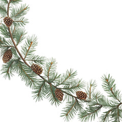 Pine garland with pine cones isolated on transparent background
