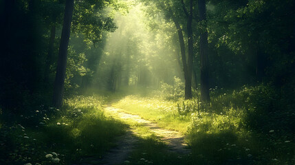 Obraz premium Sunlight streams down a pathway through a tranquil forest.