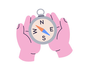 Human hands holding a compass icon, navigation and direction symbol for exploration, finding route, decision making, travel guidance, and orientation flat vector illustration.