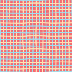 Doodle plaid pattern illustration wrapper. Hand drawn gingham surface vector seamless design in orange and blue over red.