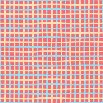 Doodle plaid pattern illustration wrapper. Hand drawn gingham surface vector seamless design in orange and blue over red.