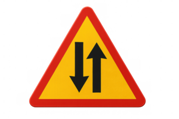 Yellow triangular two-way traffic road sign with black arrows pointing up and down, isolated on a transparent background