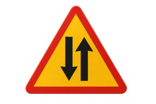 Yellow triangular two-way traffic road sign with black arrows pointing up and down, isolated on a transparent background - Powered by Adobe