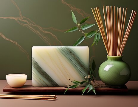 China Jade mit Bambusdeko und R&auml;ucherst&auml;bchen, neutral arrangiert
