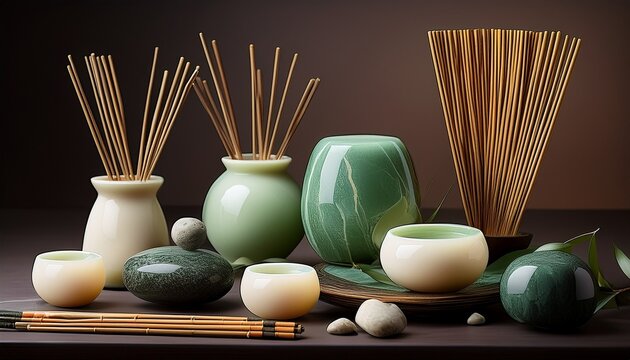 China Jade mit Bambusdeko und R&auml;ucherst&auml;bchen, neutral arrangiert