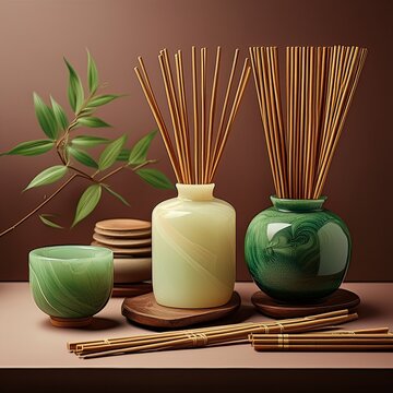 China Jade mit Bambusdeko und R&auml;ucherst&auml;bchen, neutral arrangiert