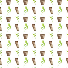 Fototapeta premium Garden tools collection. Watercolor icons of garden and farm equipment, shovel, pots, seedlings, seamless pattern on white background