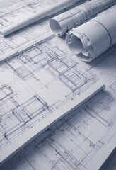 Blueprint effect applied to architectural drawings, creating a technical aesthetic ,  graphic,  industrial