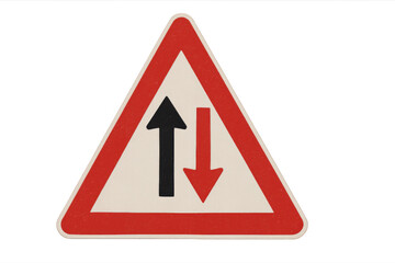 Triangular traffic sign with black and red arrows on a transparent background, indicating two-way traffic direction for road safety awareness