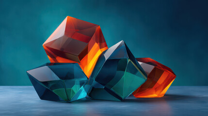 A captivating still life presents transparent crystal gemstones in blue and red tones, casting a dazzling light on a smooth surface against a deep teal backdrop.