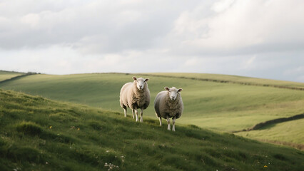 Pastoral landscape two fluffy sheep standing on grassy hill cloudy sky backdrop serene countryside scene rea