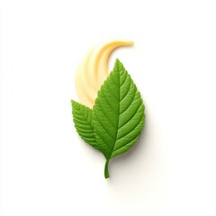A green leaf and a swirl of cream are arranged artistically on a white background.