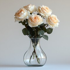 Stunning high resolution photo of a delicate bouquet of peach and cream roses in a glass vase
