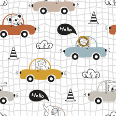 Obraz premium Cute seamless vector pattern with animal cars. Elephant, tiger, koala, crocodile and lion driving happily. Cartoon transportation background. Ideal for kids' fabric, textile, wrapping, and apparel.