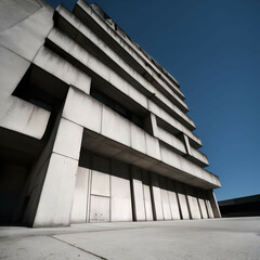 Worm's eye view of a brutalist concrete building with dramatic shadows.