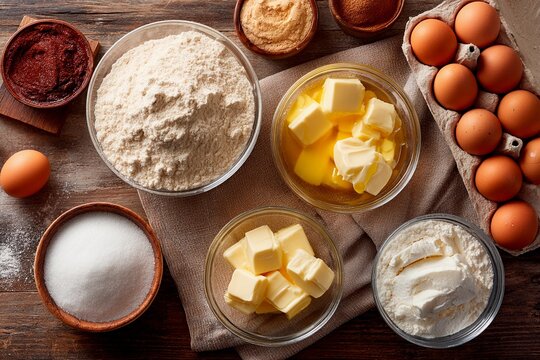 A well-organized setup features bowls of different baking ingredients including flour, butter, sugar, and eggs, perfect for preparing a delicious dessert