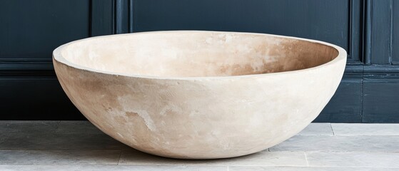 A large, round, off-white ceramic bowl sits on a gray tiled floor against a dark blue wall.
