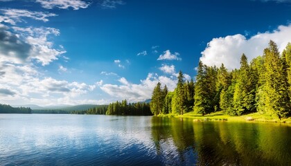 green trees by the lake on a sunny day with clouds on the sky