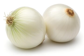 Two whole raw white onions close up on white background, white onion, onion, raw, vegetable, food, healthy, vegetarian, ingredient, cooking, bulb, fresh, diet, nutrition, closeup, close up, still life