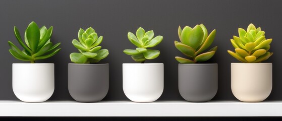 A row of five small potted succulents in white, gray, and beige pots.