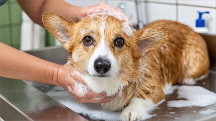 A Pembroke Welsh Corgi gets a soapy bath, looking at the camera with gentle eyes and wet fur, being washed in a metal tub.