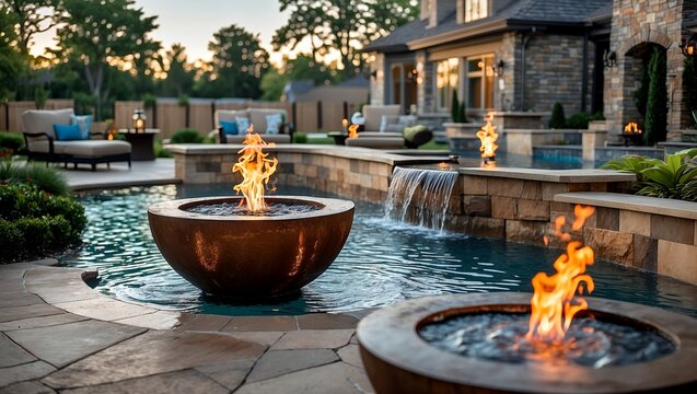 Stunning pool features with fire pots and waterfall