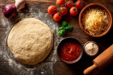 Dough sits on a wooden table next to tomatoes, garlic, onion, cheese, sauce, and a rolling pin, ready for pizza creation in a cozy, inviting kitchen © Віталій Б.
