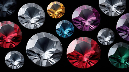 Colorful gems and sparkling jewels are scattered on a black background, creating a luxurious and elegant feel with their bright facets and shining surfaces.