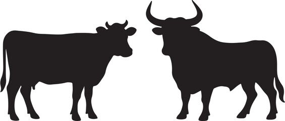 cow and bull silhouette collection vector art illustration.
