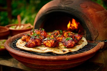 Succulent pieces of chicken marinated in spices sizzle on the grill alongside fresh naan bread. The warmth of the clay oven enhances the outdoor cooking experience