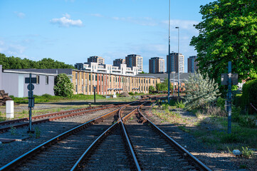 Fototapeta premium Railway trakcs and interchange at the industrial zone of the harbor of Antwerp city, Belgium